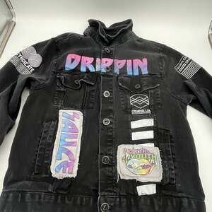 Women’s Graffiti Style Black Denim Jacket patched streetwear Small